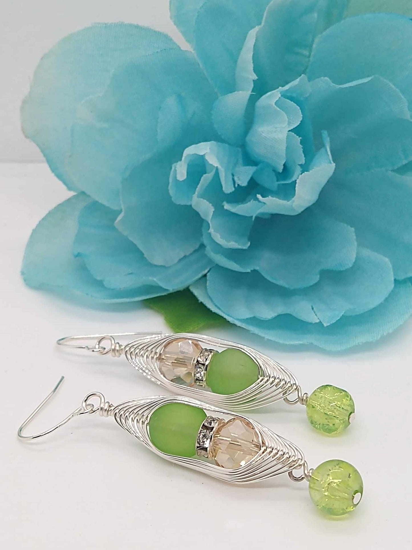 Green Sea Glass Dangle Earrings: Wire Wrapped Crystal Accents