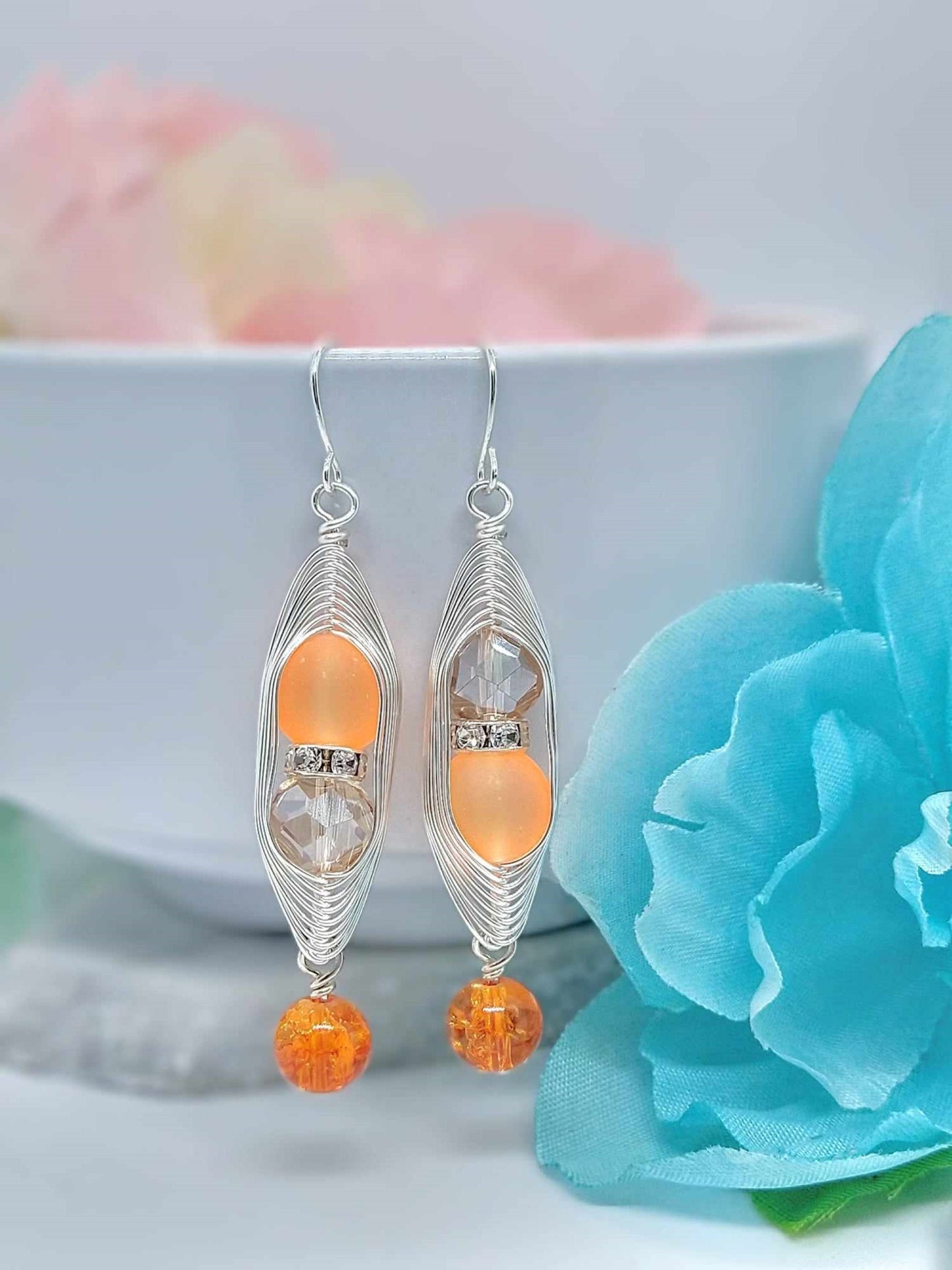 Green Sea Glass Dangle Earrings: Wire Wrapped Crystal Accents