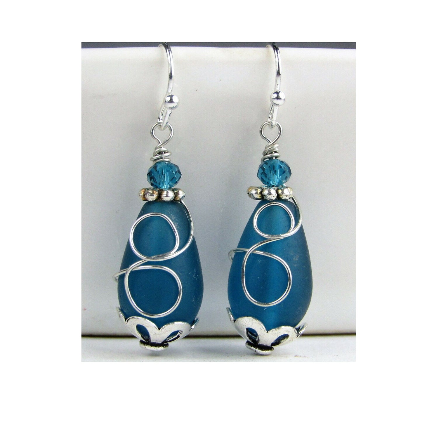 Teal Blue Sea Glass Earrings Minimalist Drop Earrings Teardrop Dangle Earrings Gift For Her Dainty Jewelry Christmas Gift