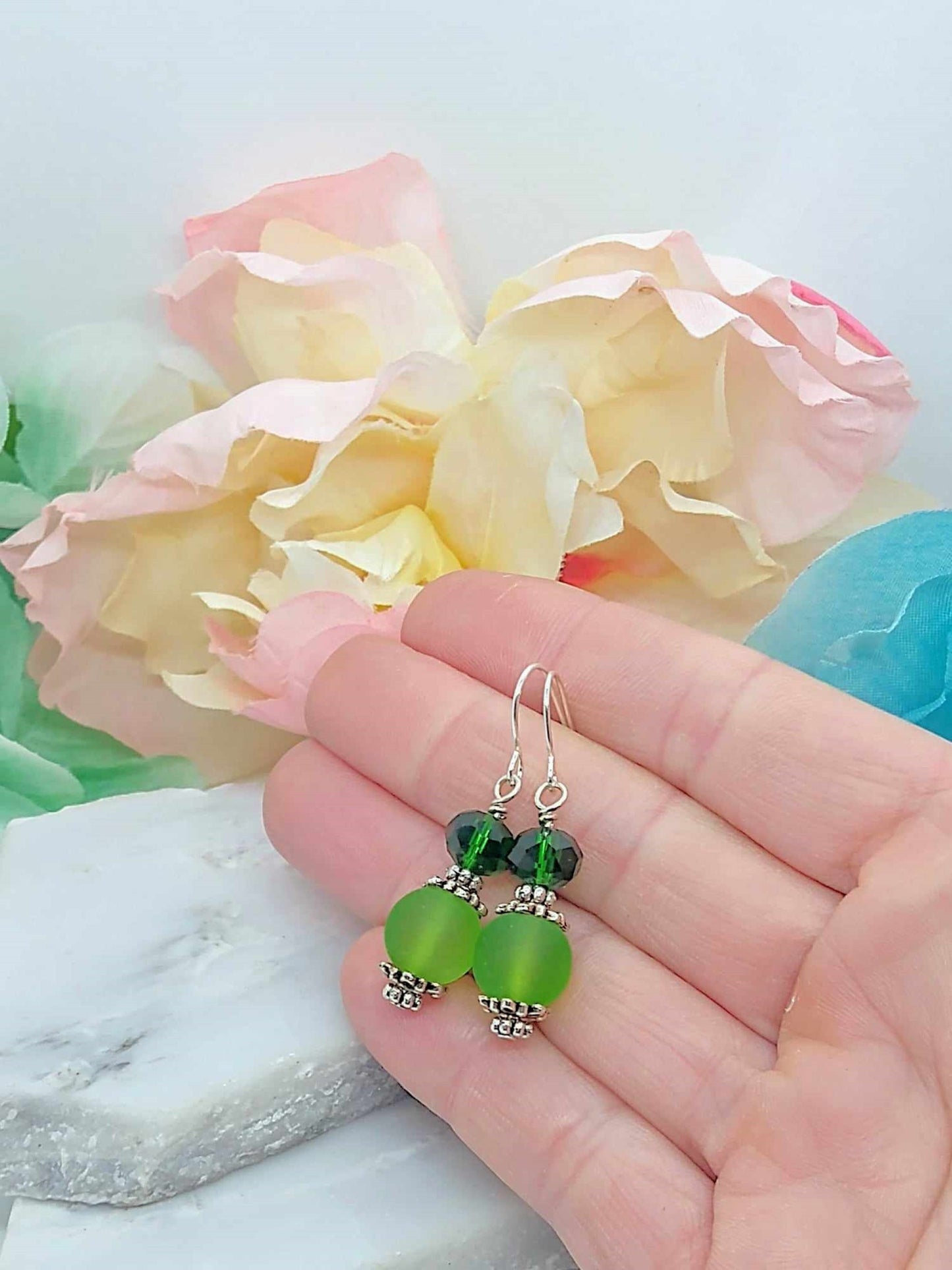 Green Sea Glass Dangle Earrings: Hypoallergenic Silver Drop Earrings