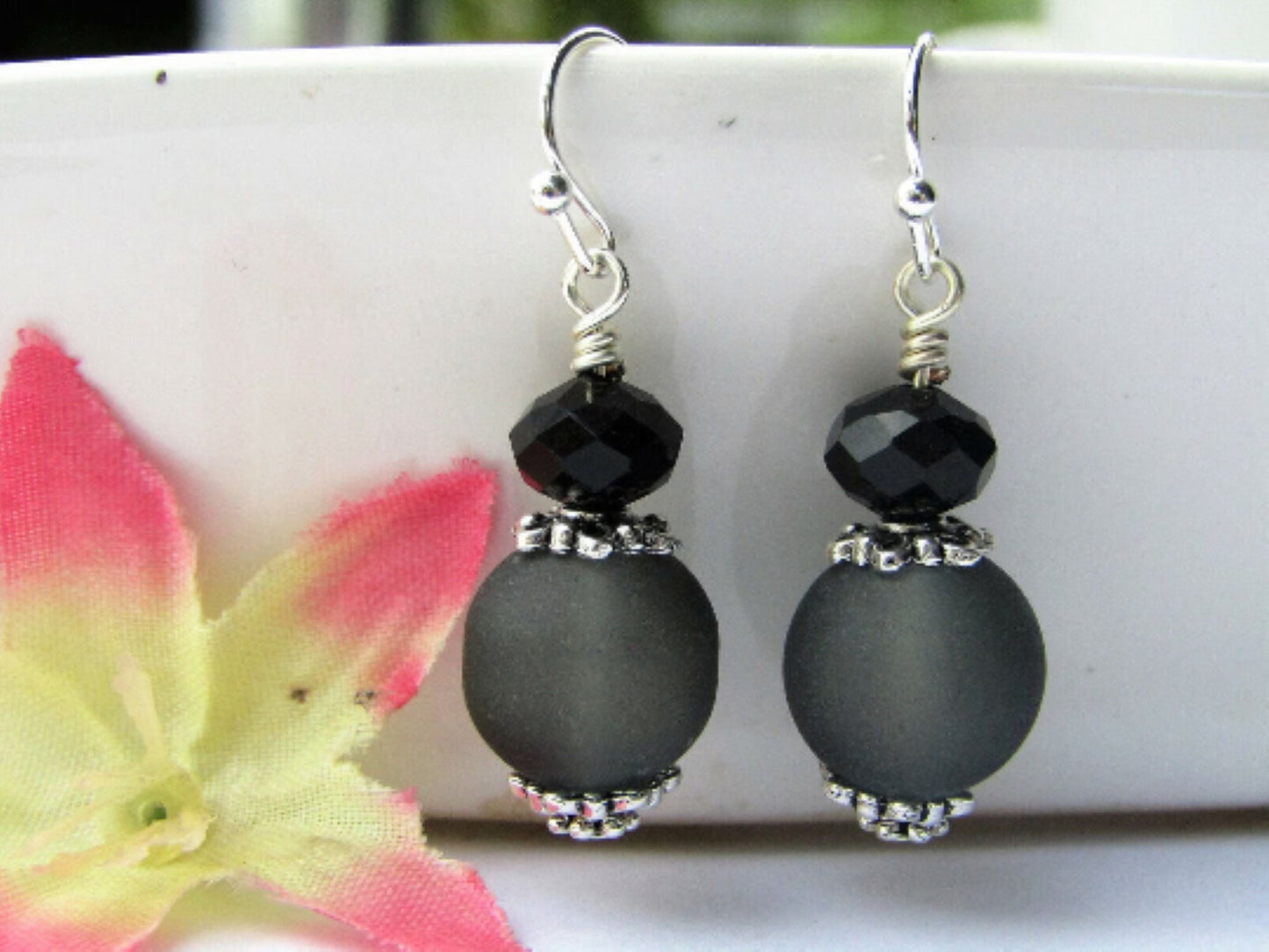 Black Sea Glass Dangle Earrings: Sterling Silver Drop Earrings