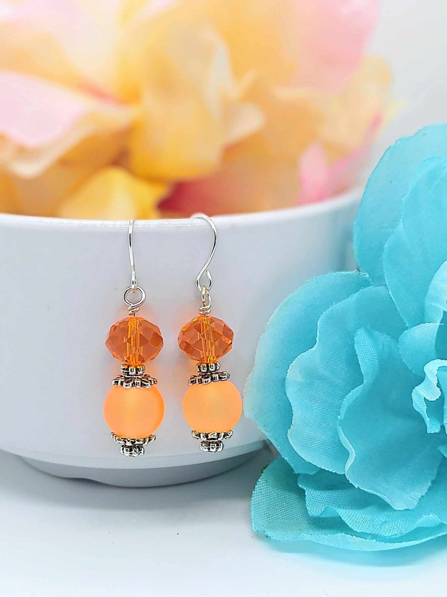 Orange Sea Glass Drop Earrings: Minimalist Boho Silver Dangles