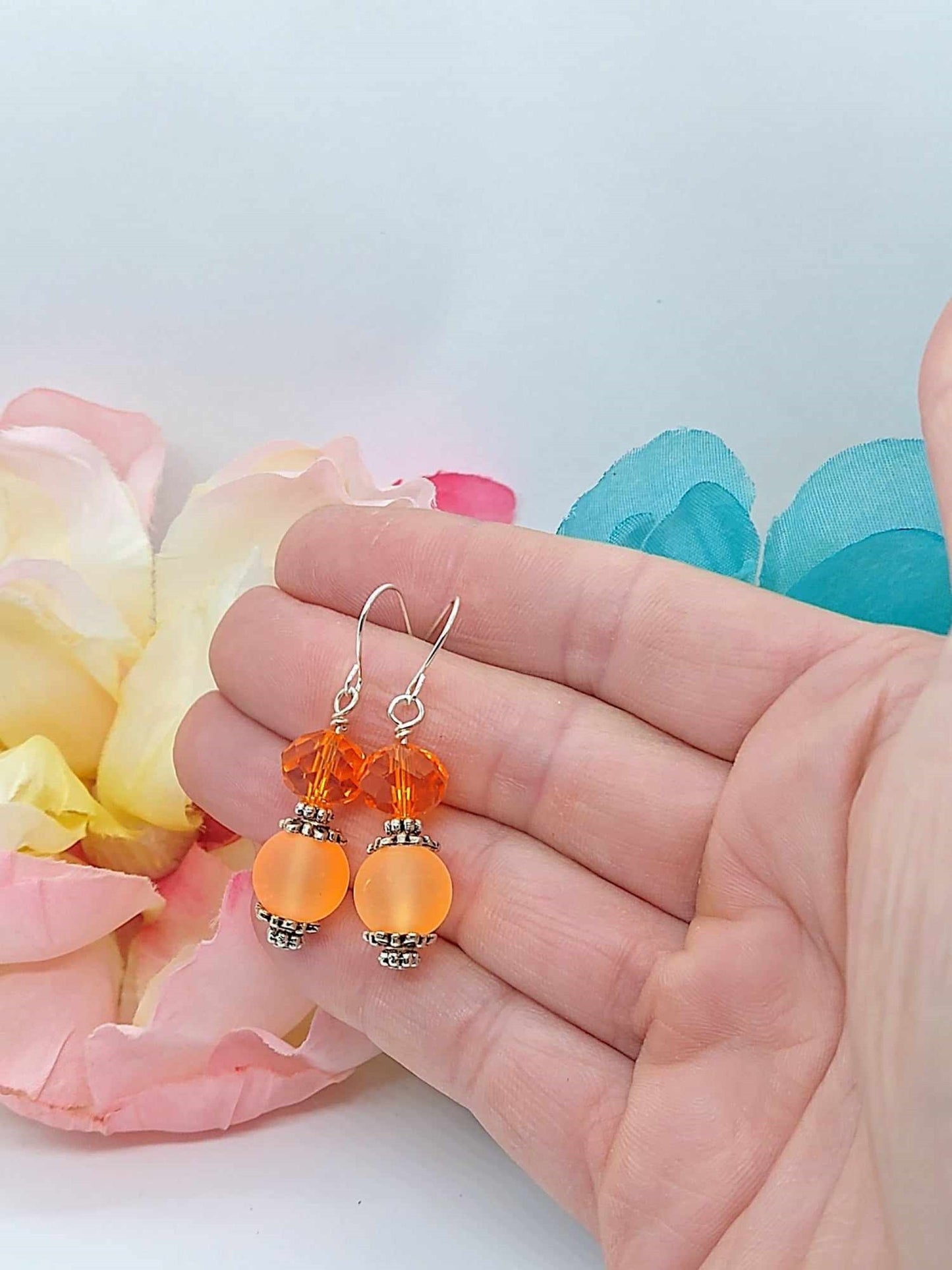 Orange Sea Glass Drop Earrings: Minimalist Boho Silver Dangles