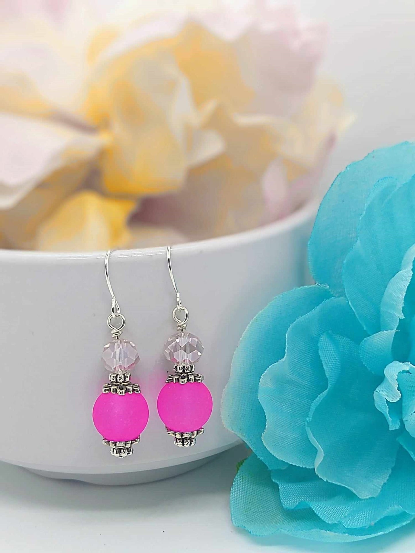 Pink Frosted Sea Glass Dangle Earrings: Hypoallergenic Silver