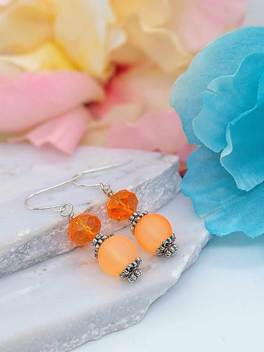 Orange Sea Glass Drop Earrings: Minimalist Boho Silver Dangles