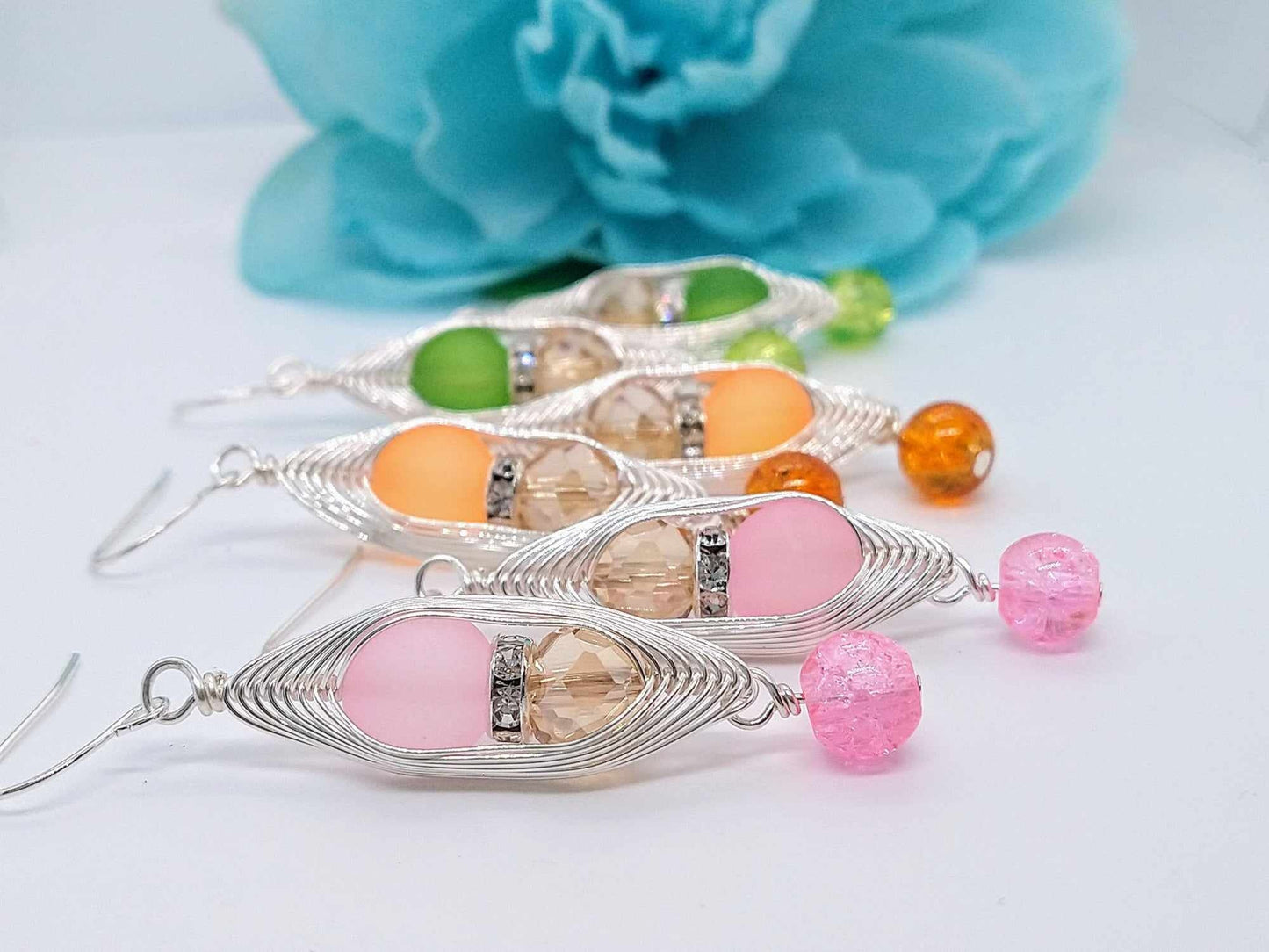 Green Sea Glass Dangle Earrings: Wire Wrapped Crystal Accents