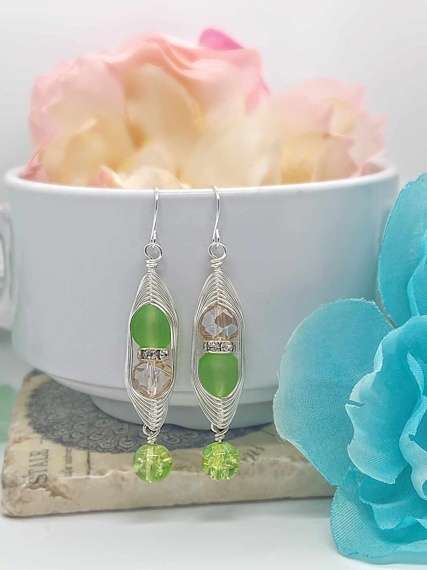 Green Sea Glass Dangle Earrings: Wire Wrapped Crystal Accents