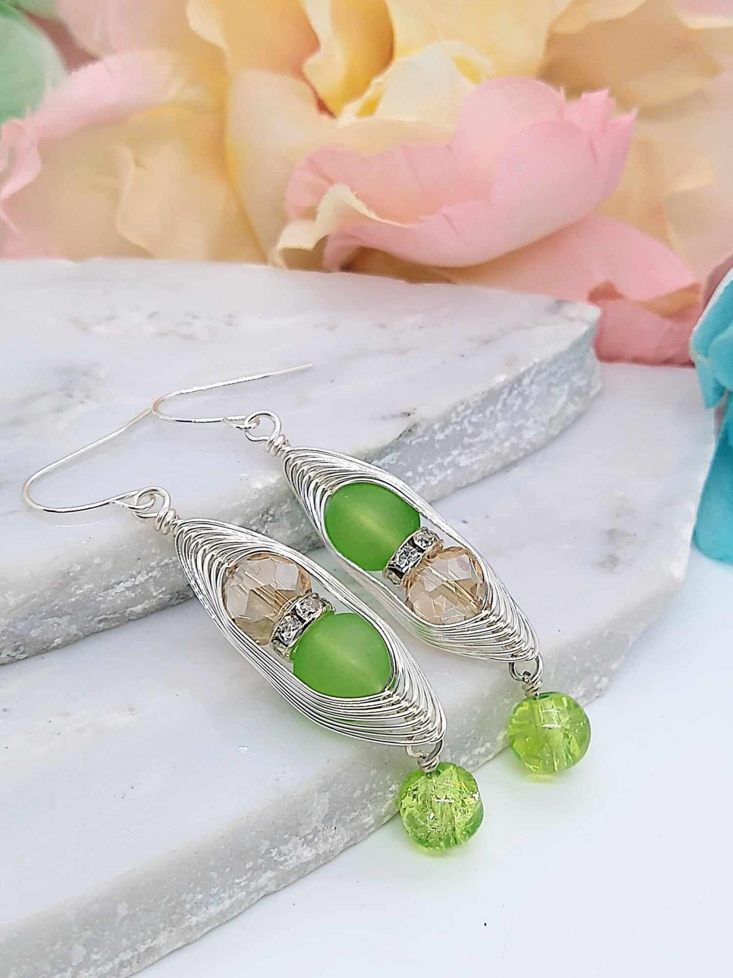 Green Sea Glass Dangle Earrings: Wire Wrapped Crystal Accents