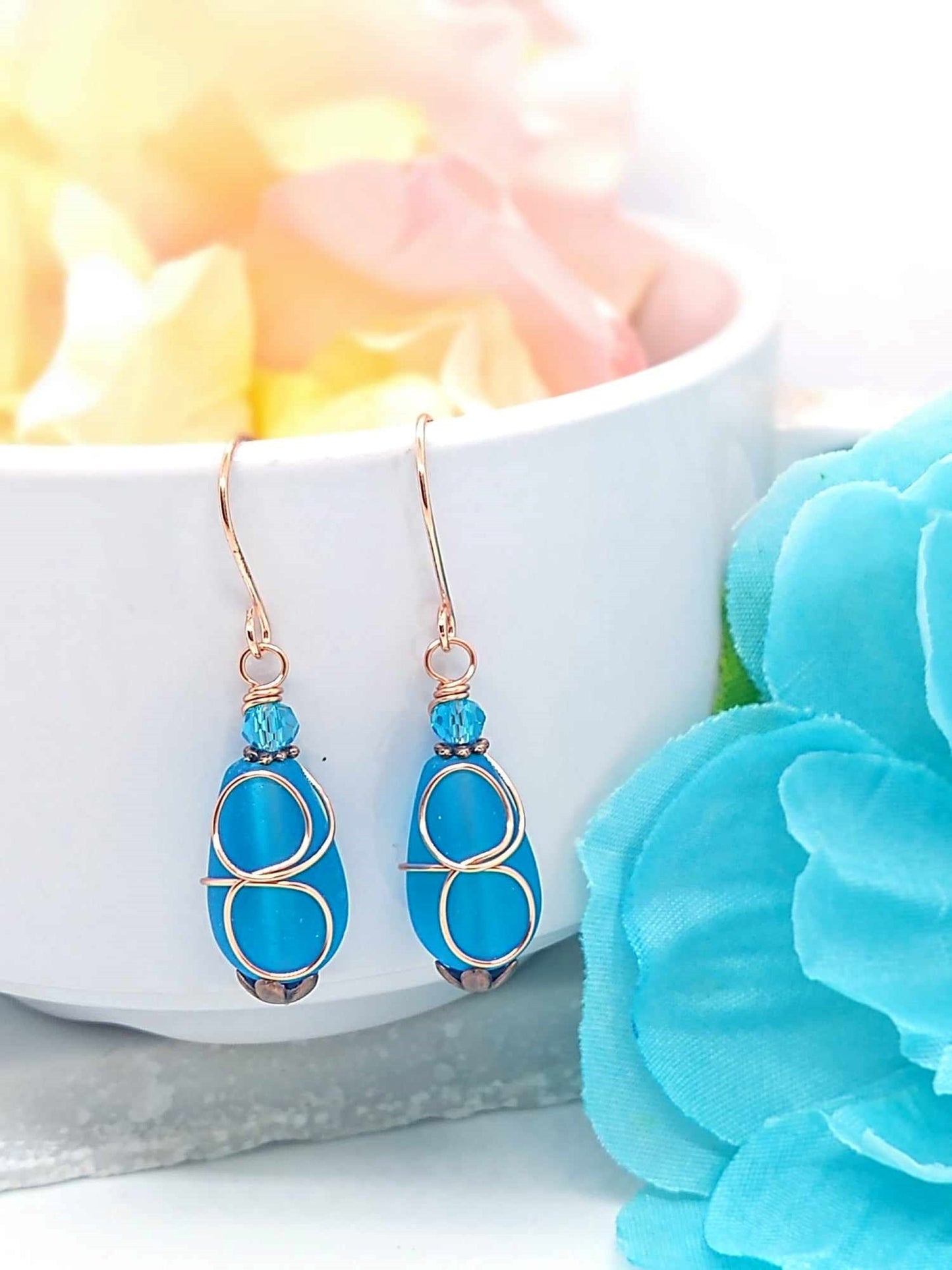 Caribbean Blue Sea Glass Earrings, Wire Wrap Sea Foam Sea Glass Earrings, Tear Drop Dangling Ear Rings, Christmas Gift