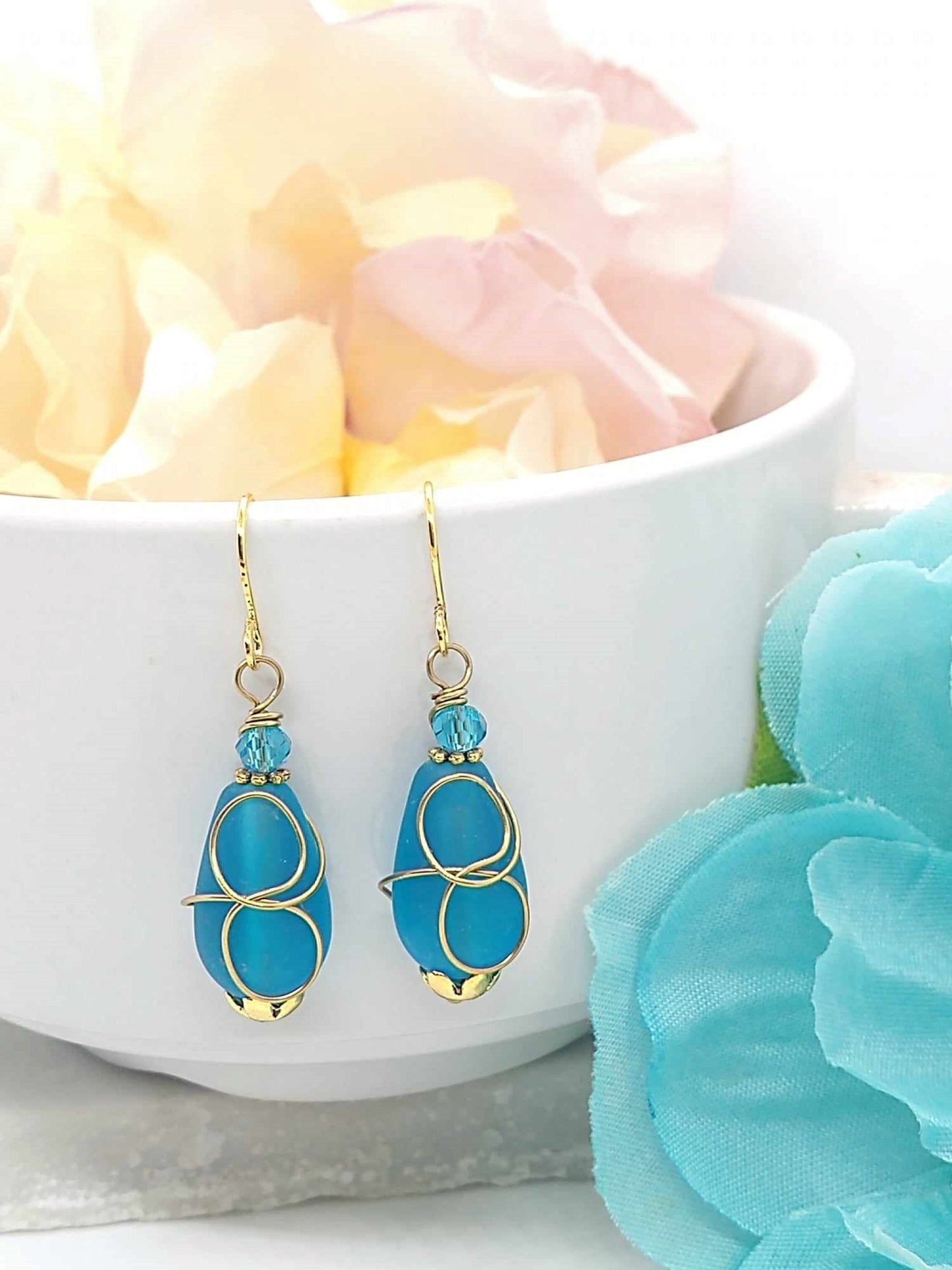 Caribbean Blue Sea Glass Earrings, Wire Wrap Sea Foam Sea Glass Earrings, Tear Drop Dangling Ear Rings, Christmas Gift