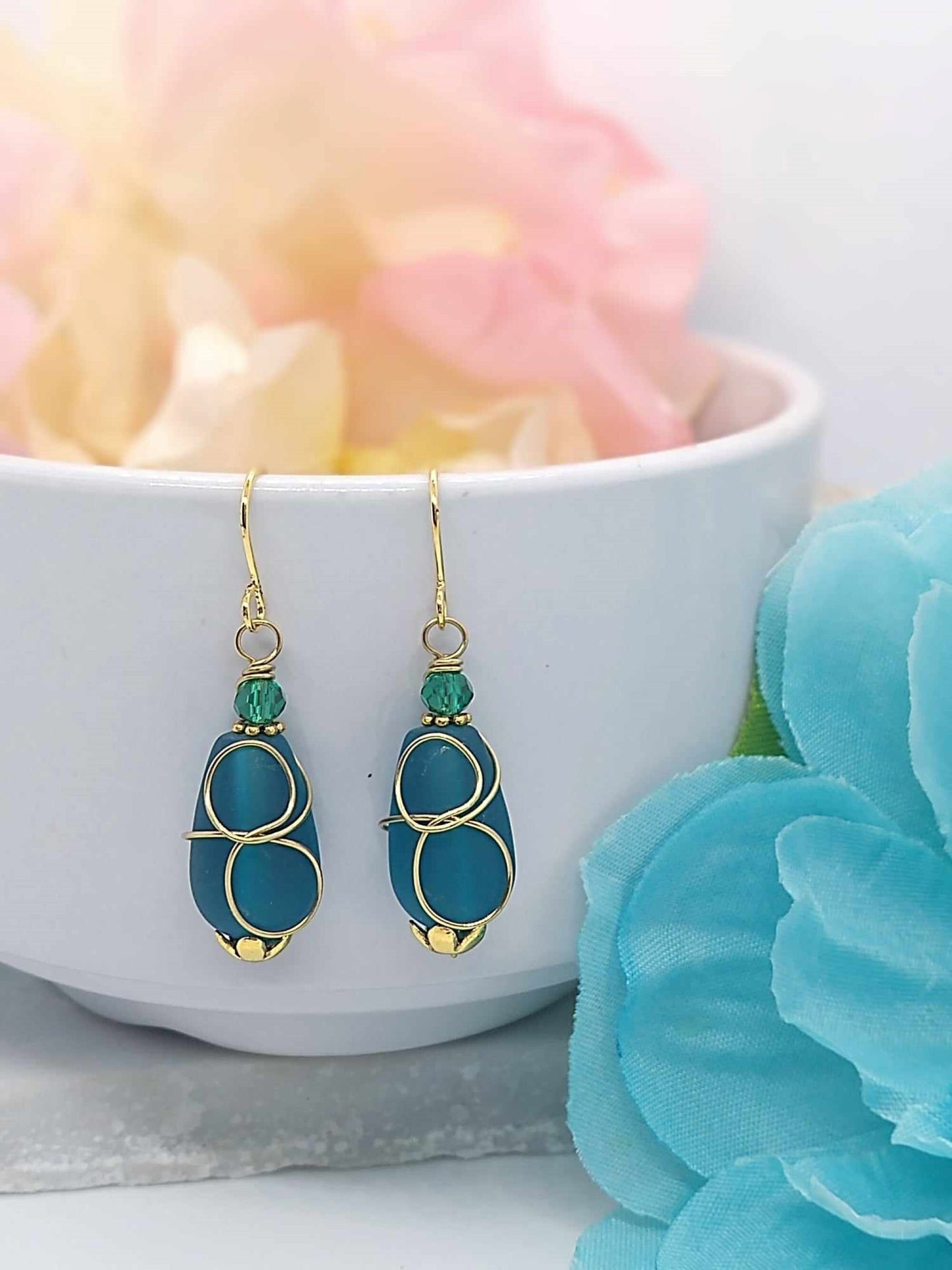 Teal Blue Sea Glass Earrings Minimalist Drop Earrings Teardrop Dangle Earrings Gift For Her Dainty Jewelry Christmas Gift