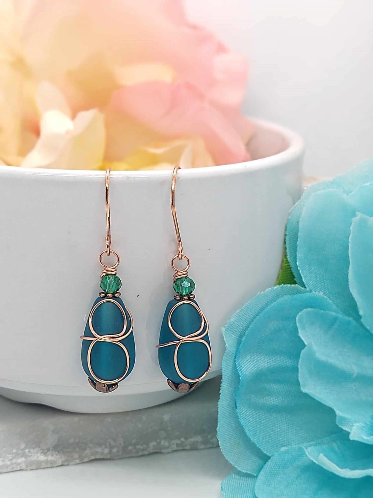 Teal Blue Sea Glass Earrings Minimalist Drop Earrings Teardrop Dangle Earrings Gift For Her Dainty Jewelry Christmas Gift