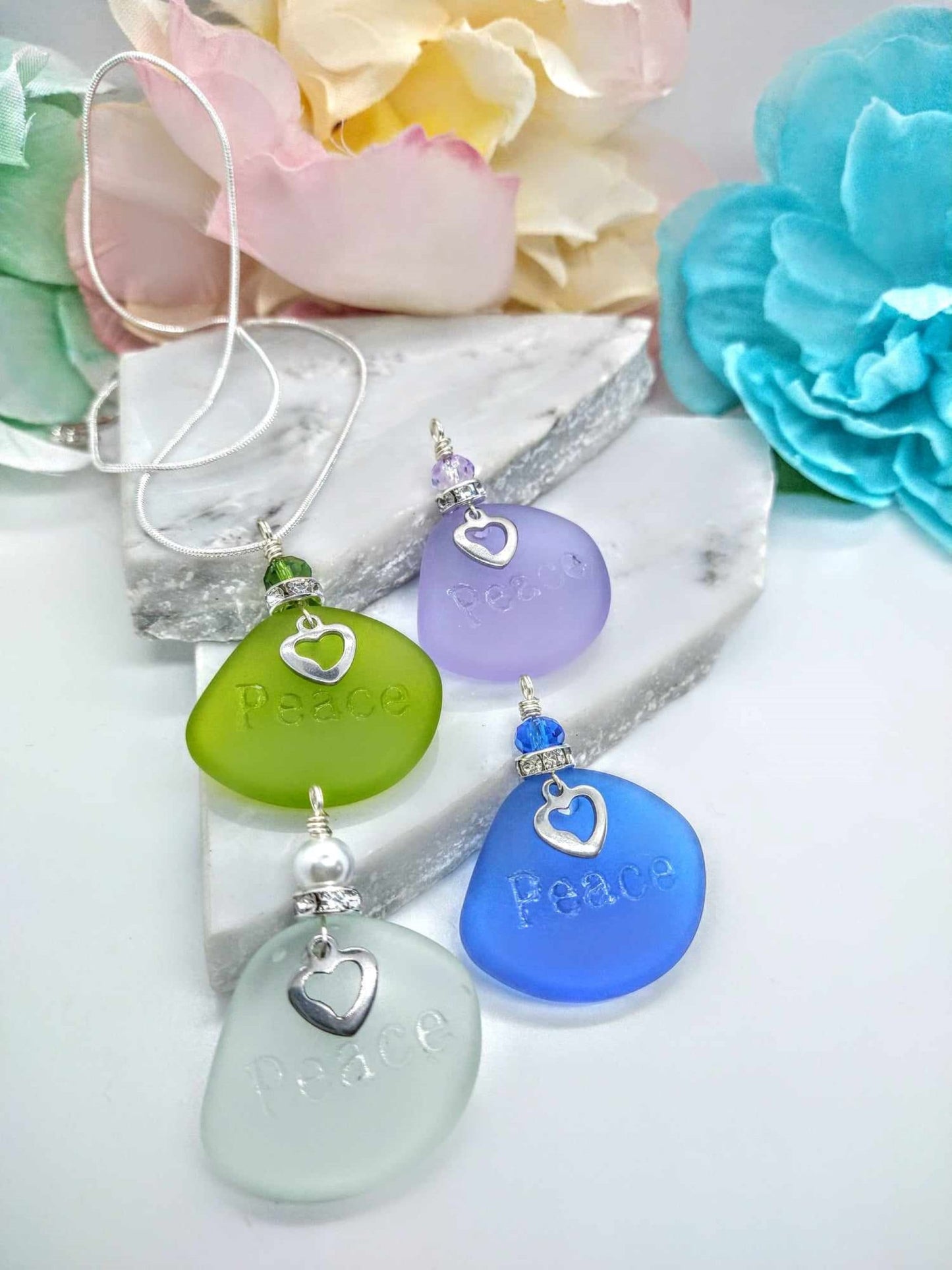 Personalized Seaglass PEACE Pendant Necklace: Initial Charm, Silver Plated
