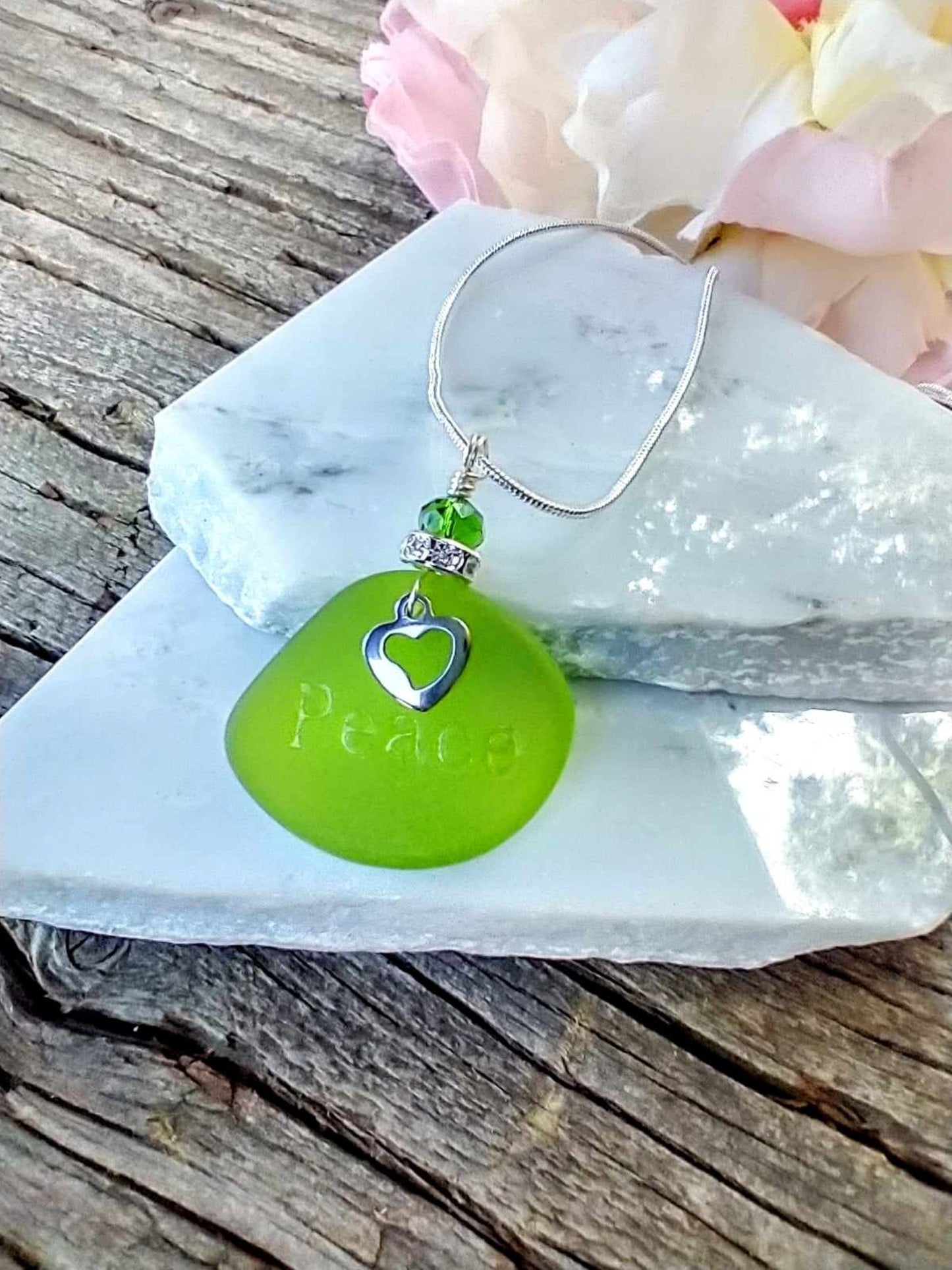 Personalized Seaglass PEACE Pendant Necklace: Initial Charm, Silver Plated