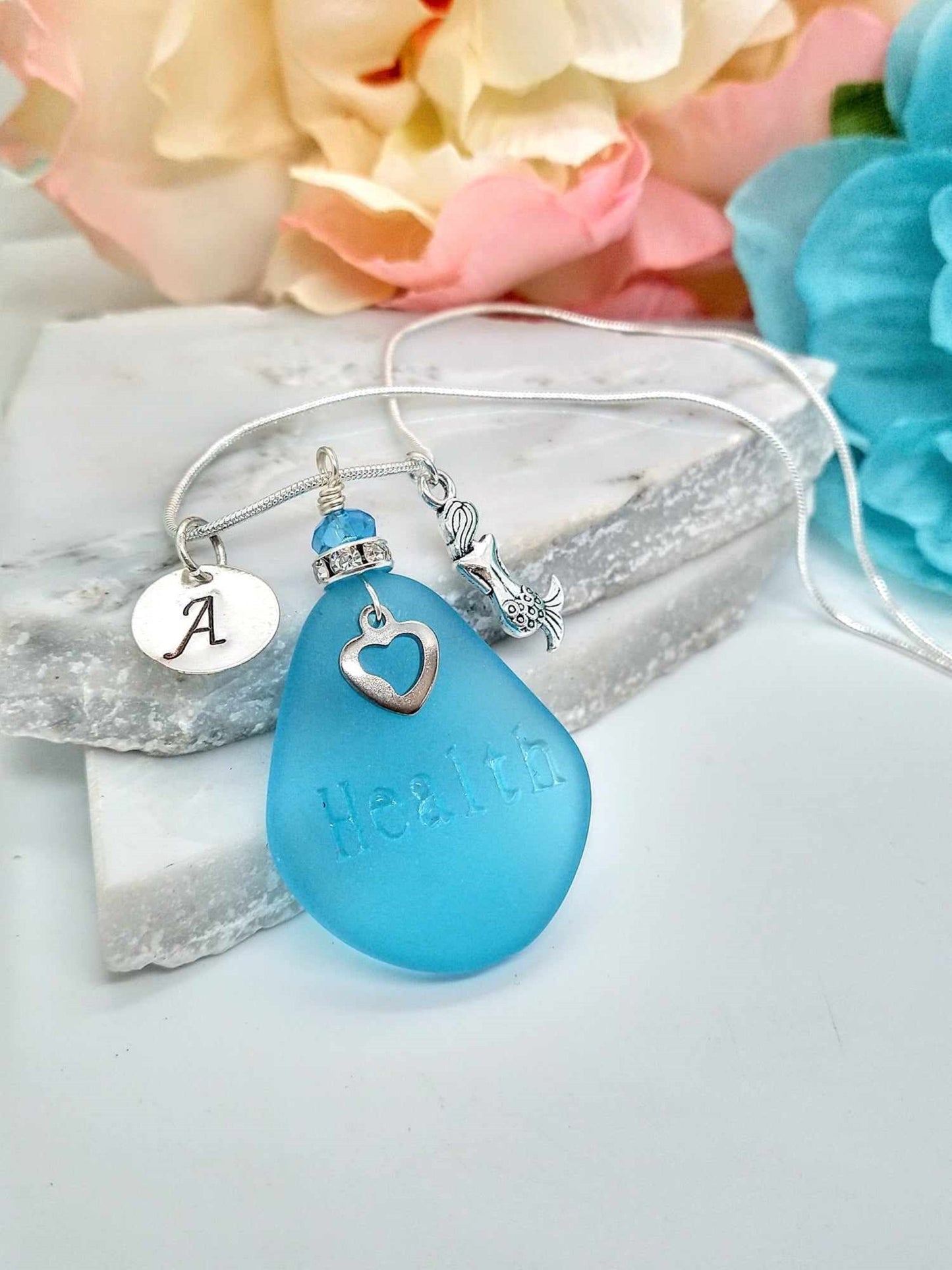 Personalized Sea Glass "Health" Pendant Necklace: Beach Jewelry Gift