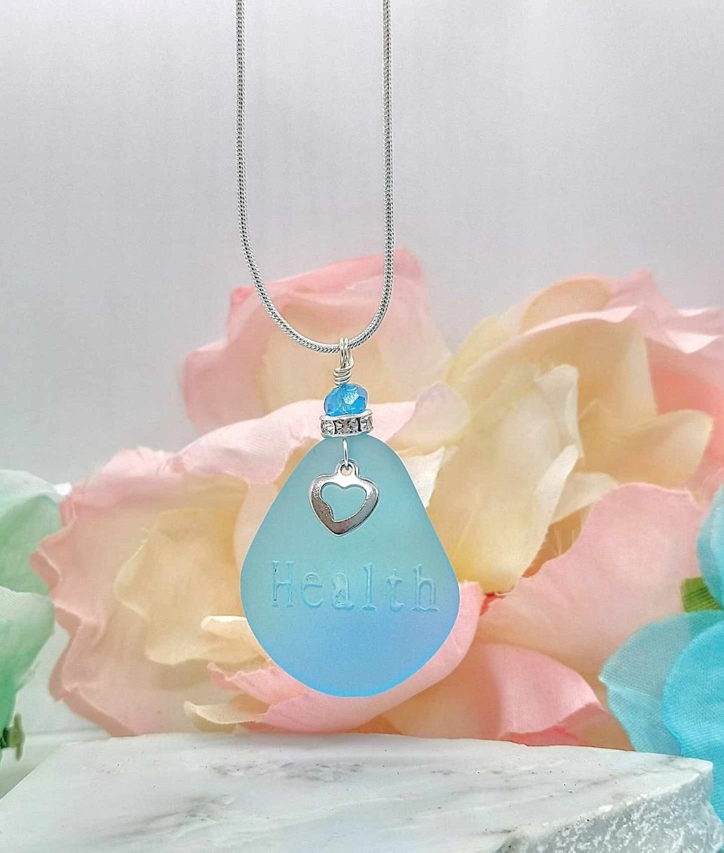 Personalized Sea Glass "Health" Pendant Necklace: Beach Jewelry Gift