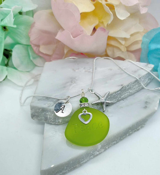 Personalized Seaglass PEACE Pendant Necklace: Initial Charm, Silver Plated