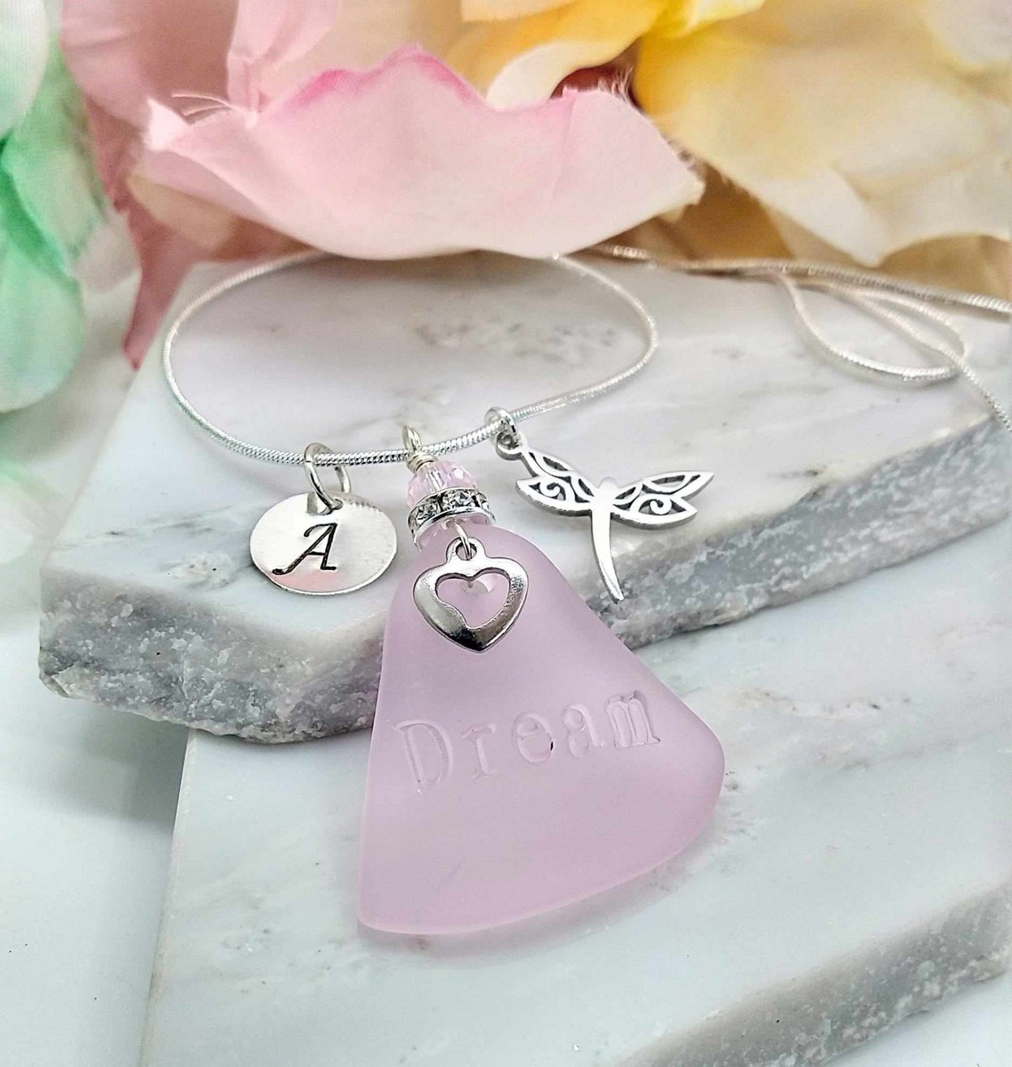 Personalized Seaglass Necklace: Dragonfly Charm, Initial Letter, Beach Jewelry