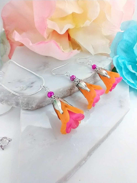 Orange Flower Earrings, Floral Dangle Earrings, Spring Jewelry, Botanical Earrings, Gift for Her