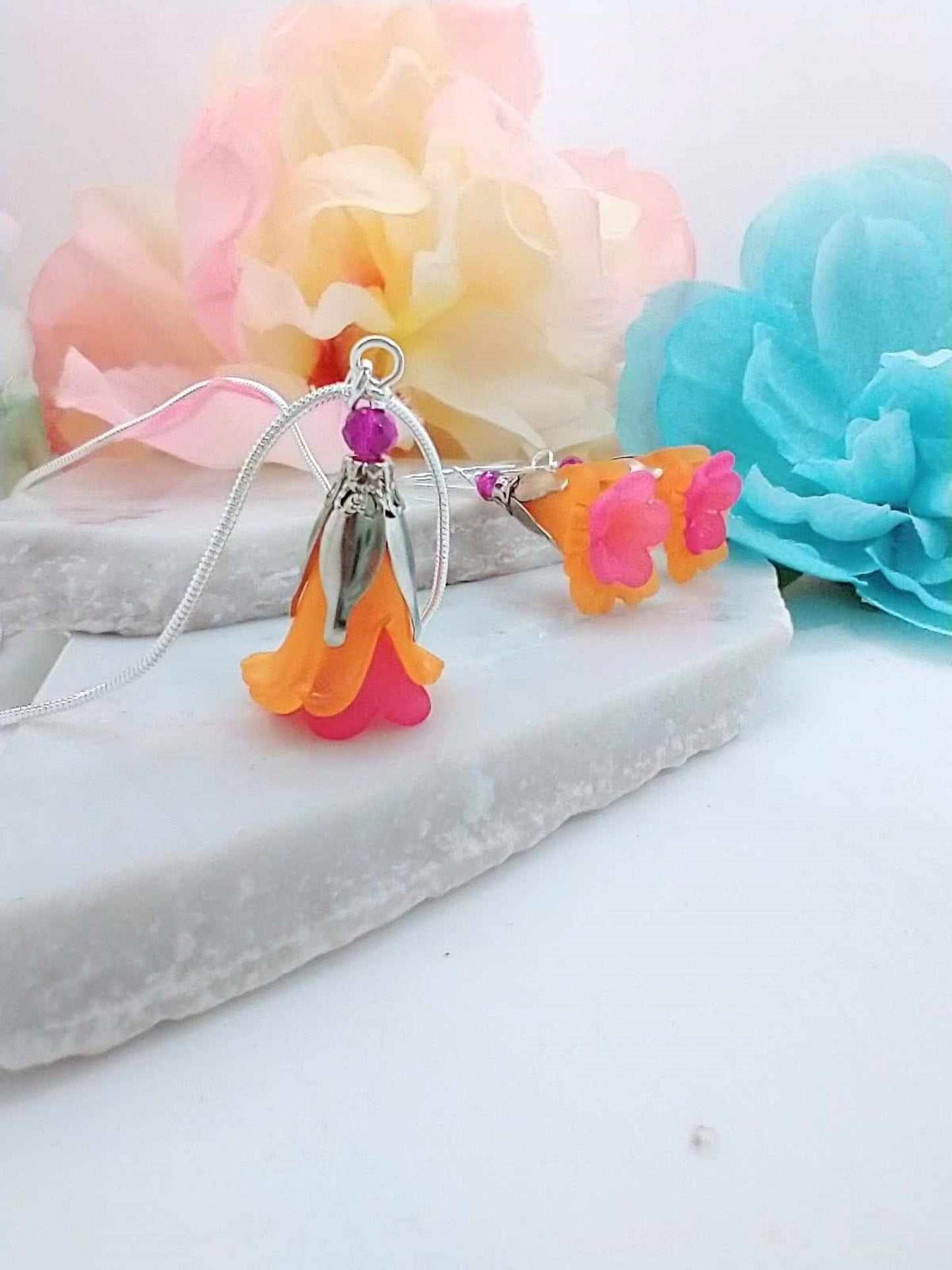 Handmade Pink Orange Flower Jewelry Set: Hypoallergenic Necklace & Earrings