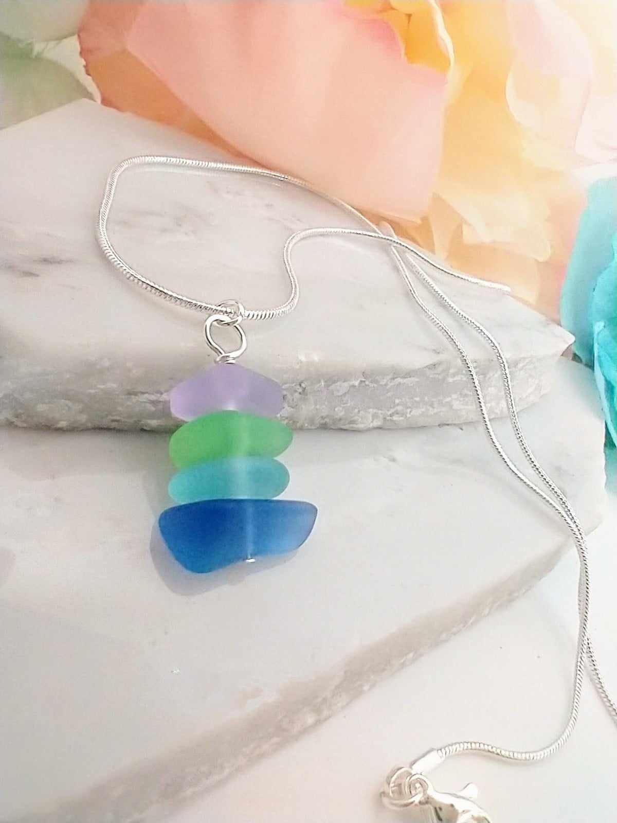 Multicolor Sea Glass Silver Ladies Necklace Seaglass Beach Jewelry Beach Wedding Gift For Her Ocean Pendant Minimalist Necklace Christmas