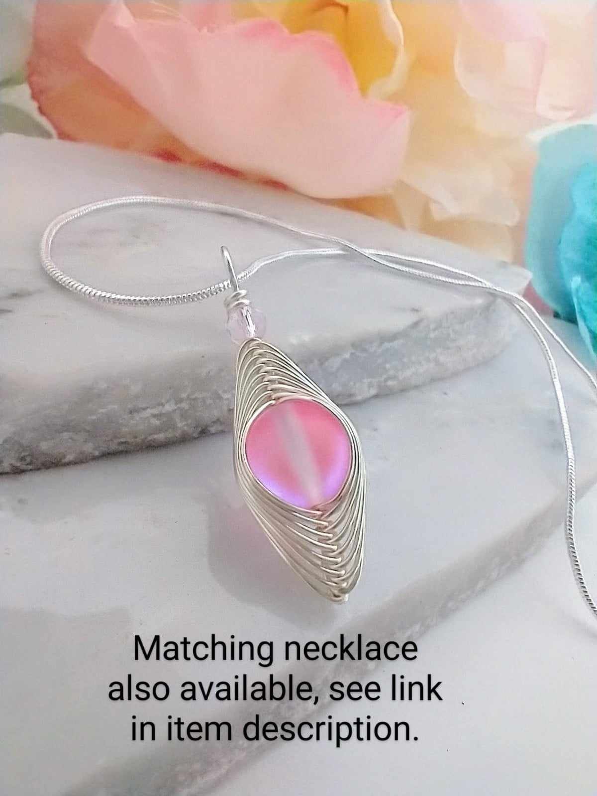 Pink Frosted Glass Dangle Earrings – Sterling Silver Wire Wrapped Boho Jewelry