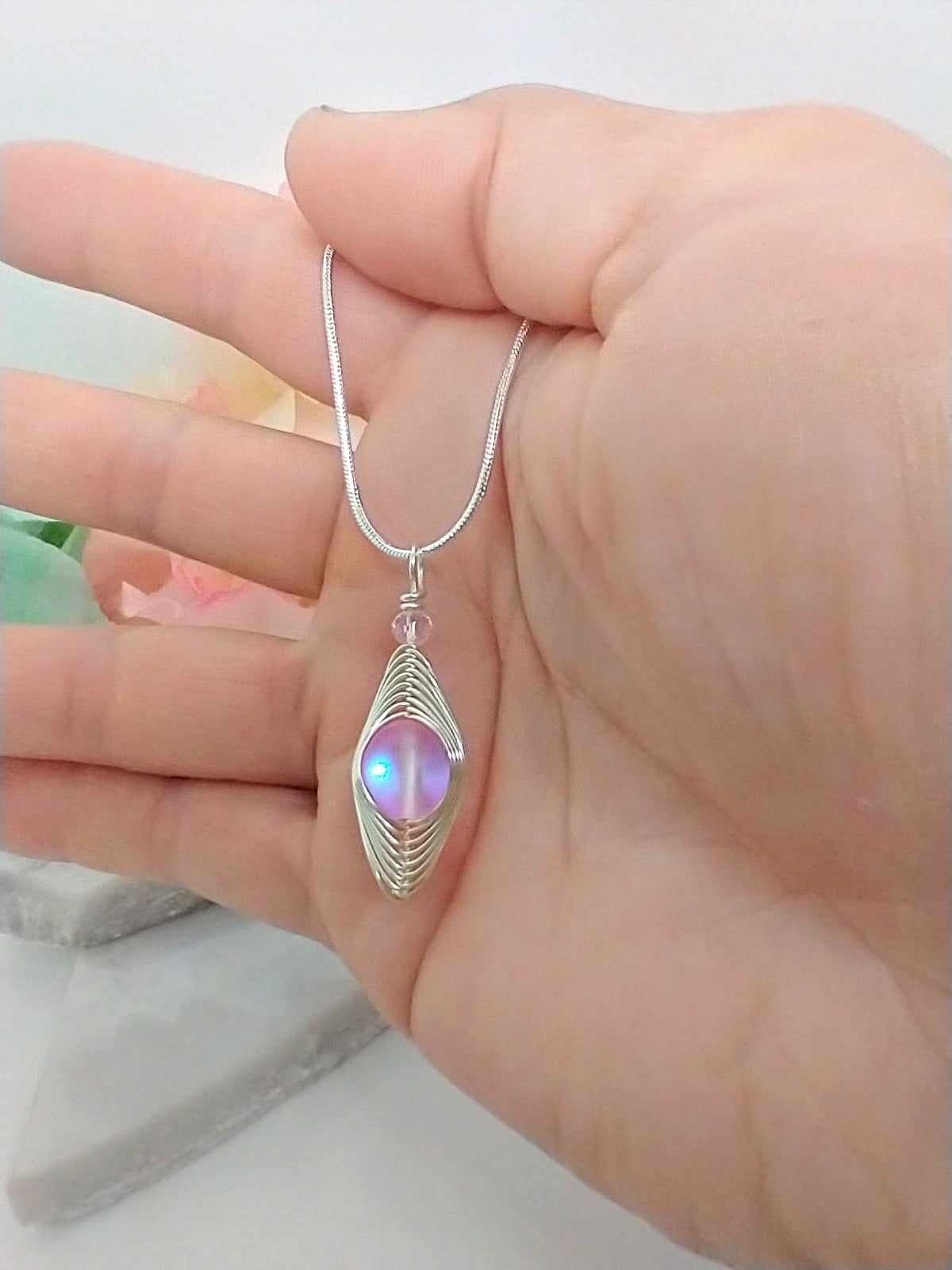 Pink Sea Glass Necklace: Silver Wire Wrapped Pendant, 18 Inch Chain