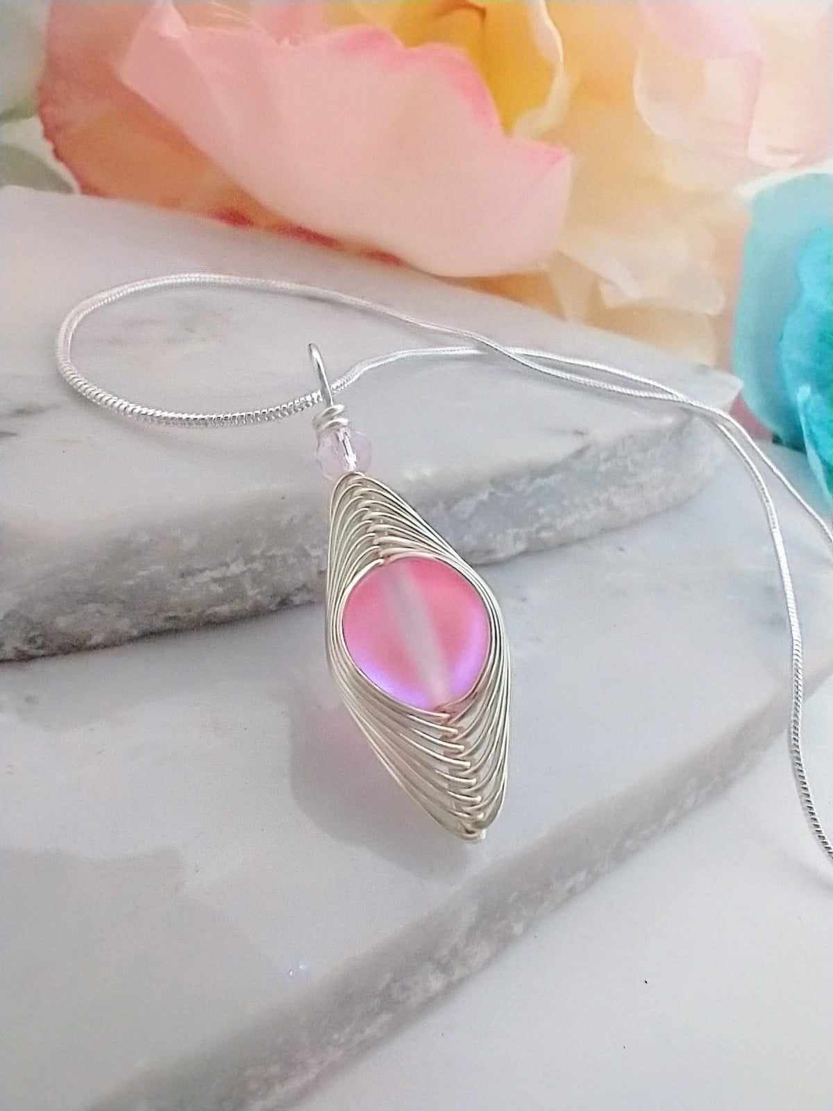 Pink Sea Glass Necklace: Silver Wire Wrapped Pendant, 18 Inch Chain