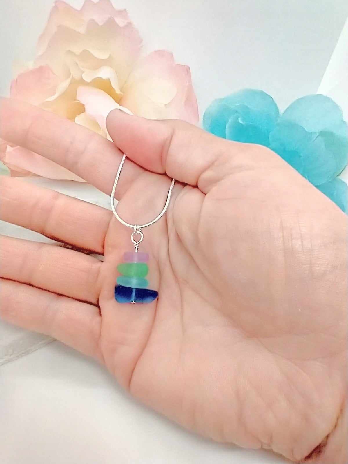 Multicolor Sea Glass Necklace: Silver Beach Jewelry, Ocean Pendant