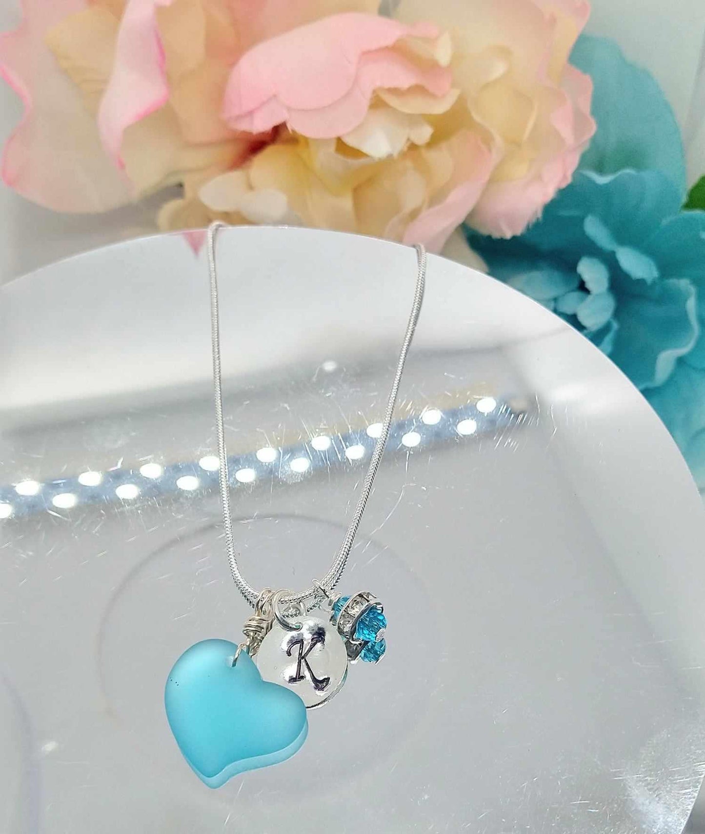 Personalized Sea Glass Heart Necklace: Silver Snake Chain, Initial Charm