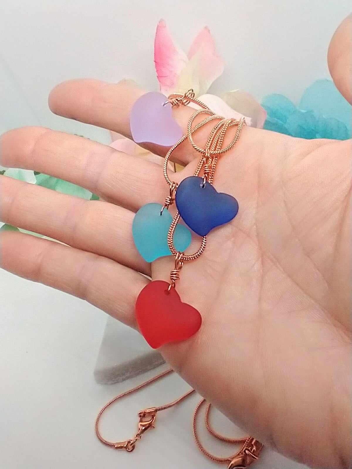 Colorful Heart Seaglass Necklace, Choose From Gold Copper Or Silver Finish