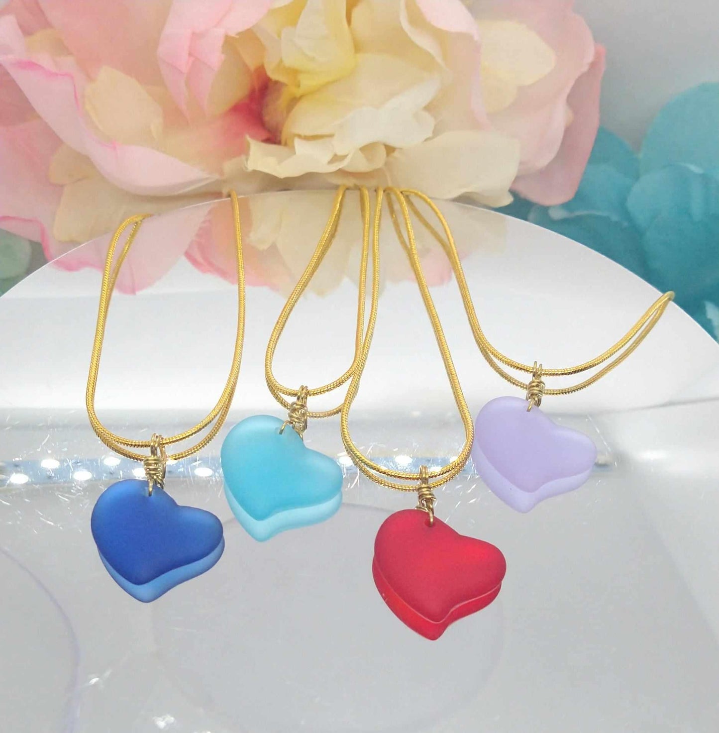 Gold Sea Glass Heart Pendant Necklace: Cultured Glass, 18" Snake Chain