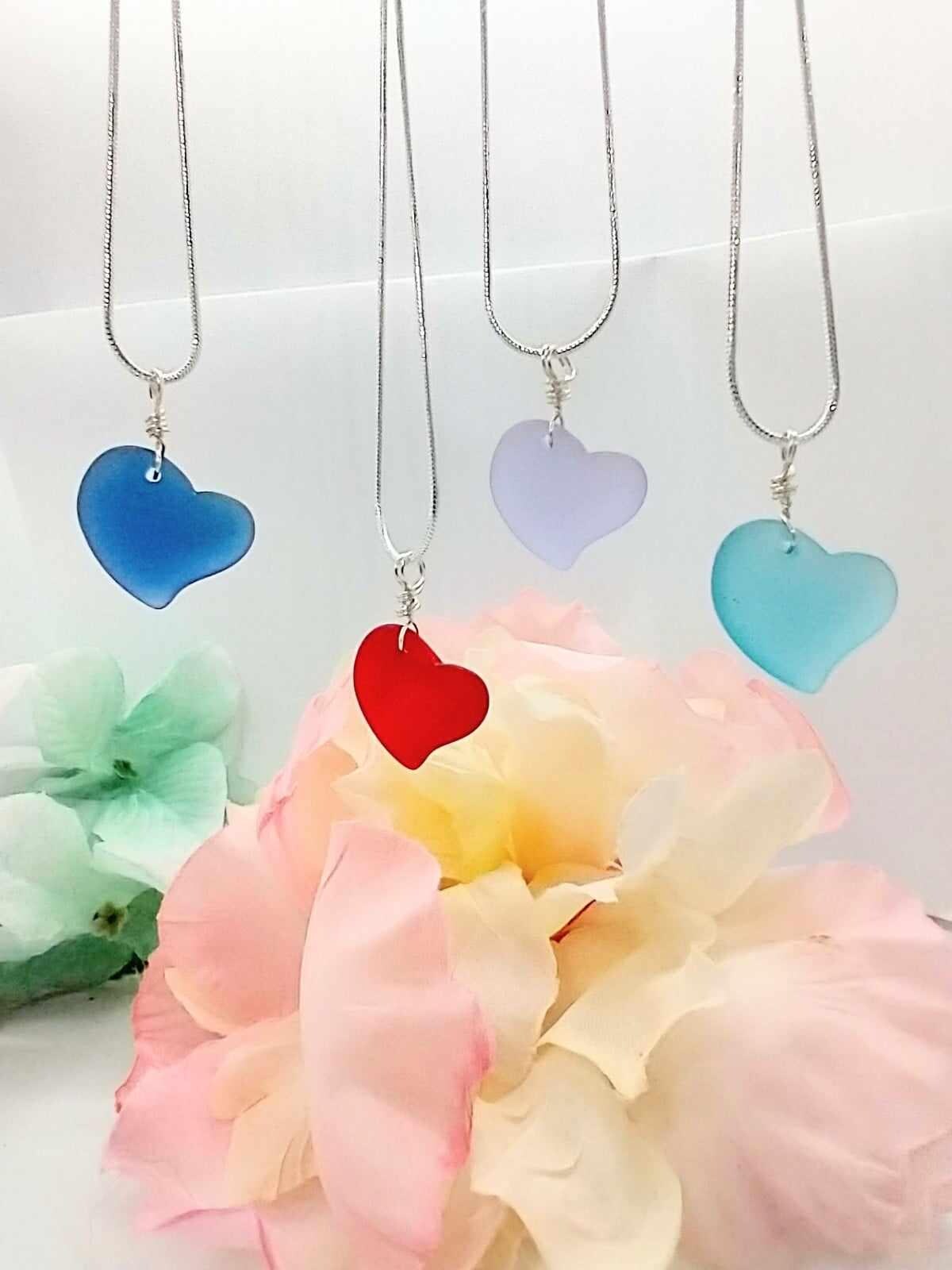 Sea Glass Heart Pendant Necklace, Silver Snake Chain, Mothers Day Gift