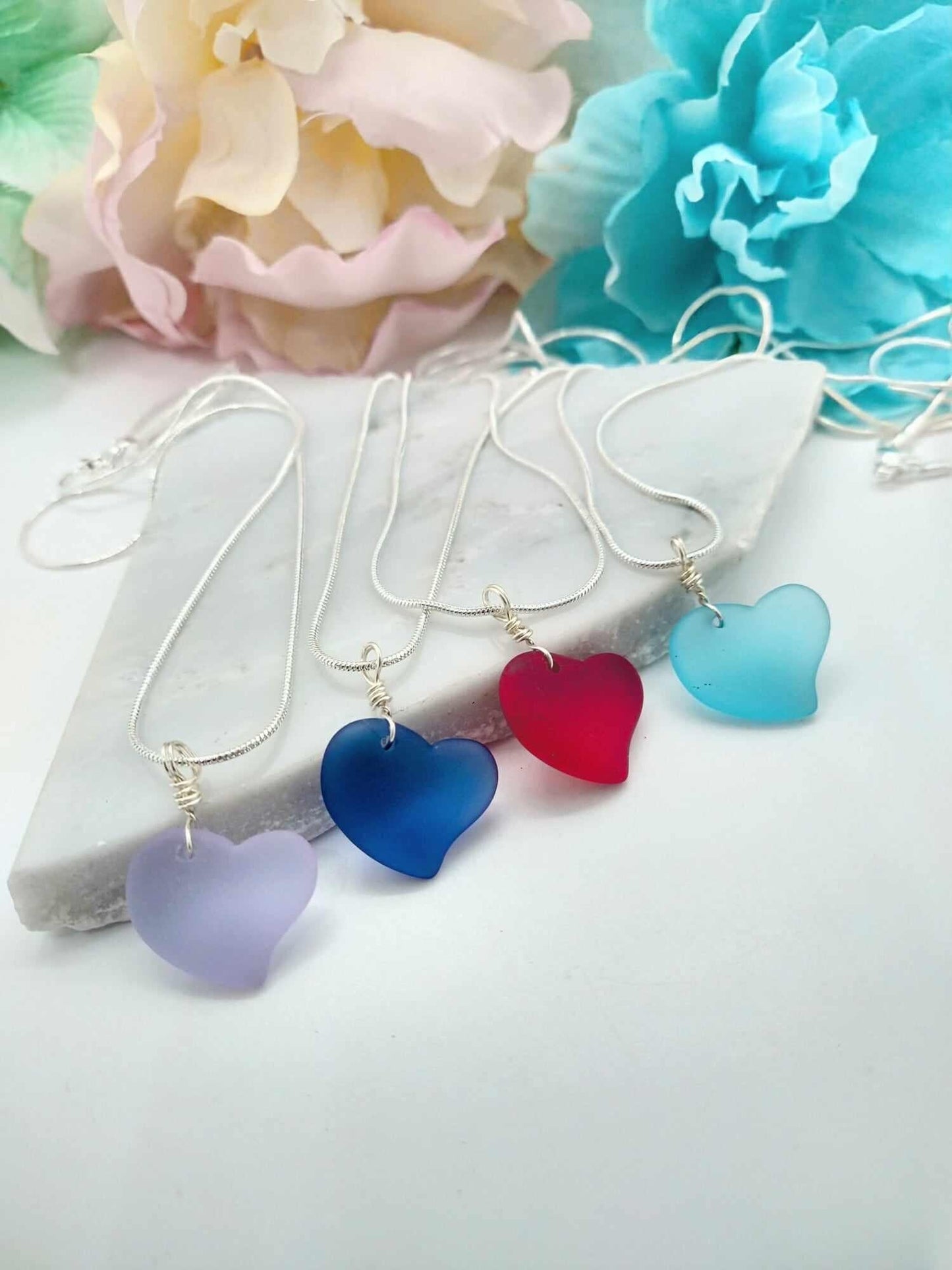 Sea Glass Heart Pendant Necklace: Silver Snake Chain, Handmade