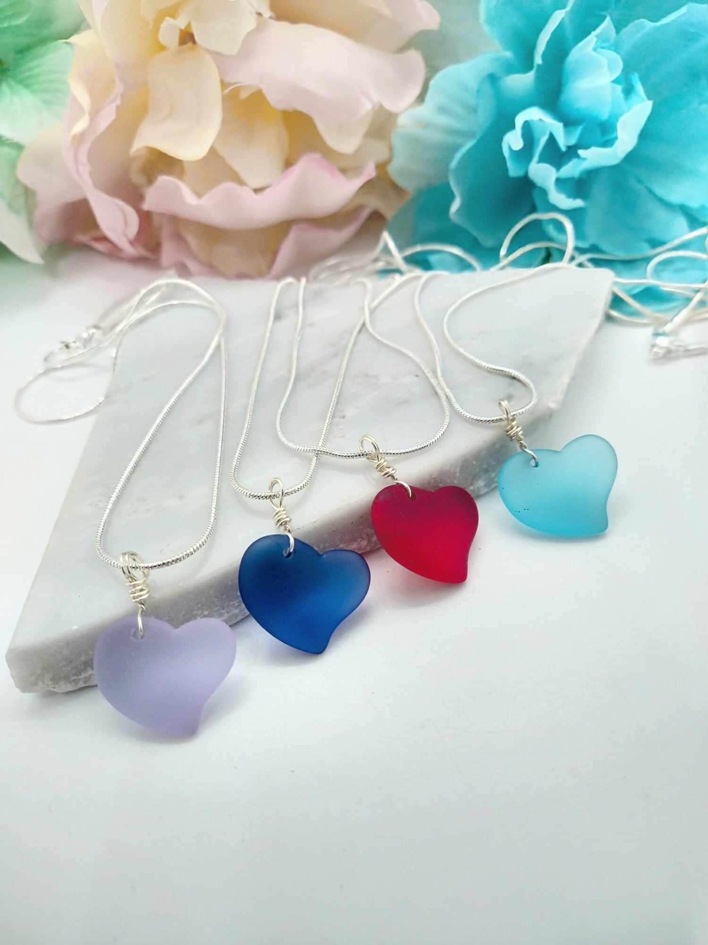 Sea Glass Heart Pendant Necklace, Silver Snake Chain, Mothers Day Gift