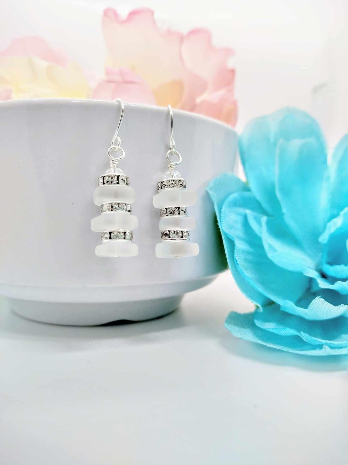 White Sea Glass Dangle Earrings: Silver Rhinestone Accent Jewelry