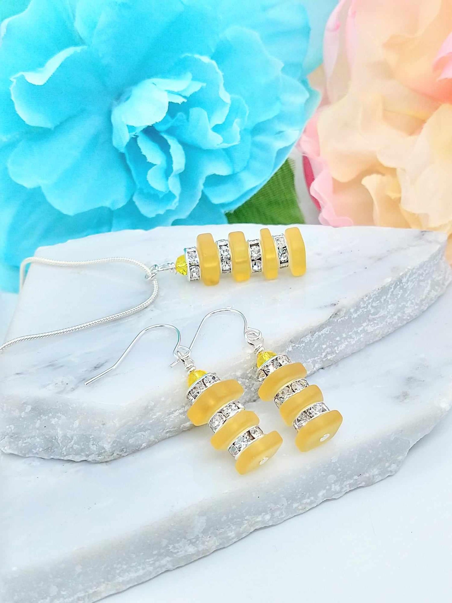Yellow Stacked Sea Glass Sterling Silver Dangle Earrings Beach Jewelry Gift For Her Minimalist Drops Christmas Gift Stocking Stuffer