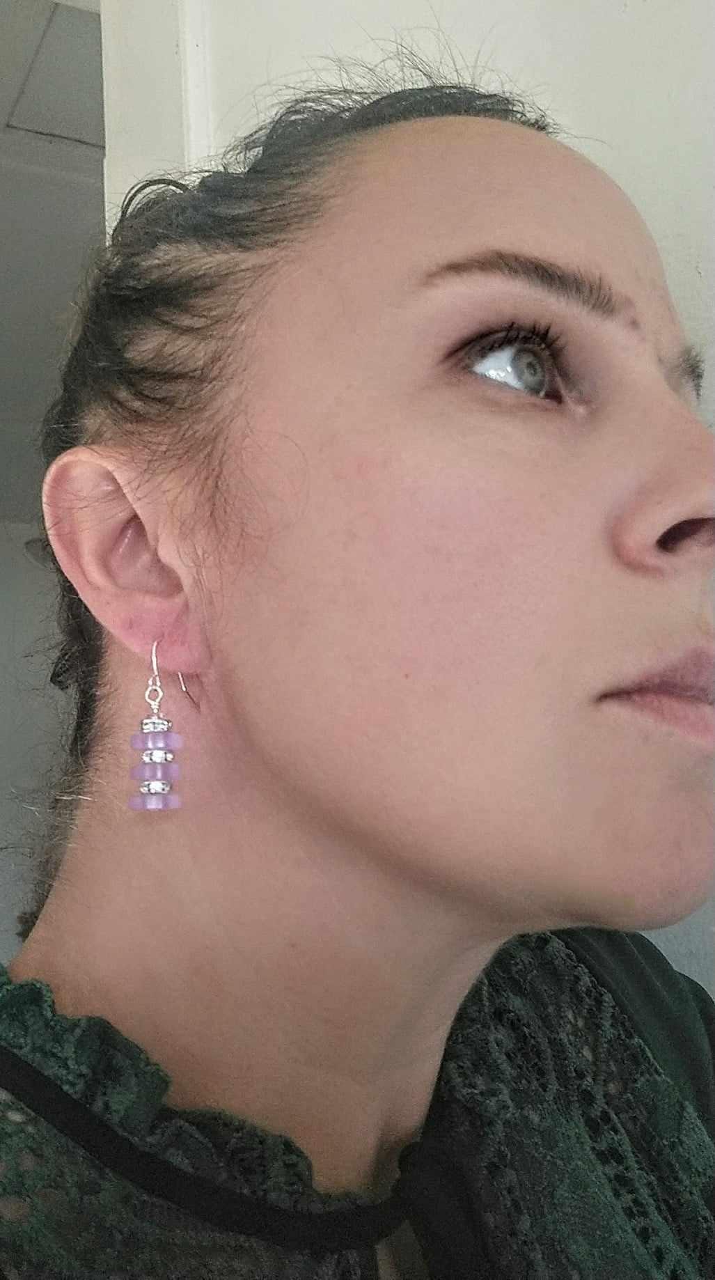 Purple Sea Glass Dangle Earrings: Silver Crystal Accent Jewelry
