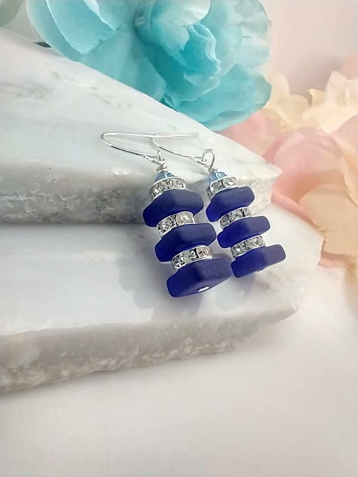 Cobalt Blue Stacked Sea Glass .925 Sterling Silver Dangle Earrings, Crystal Rhinestone,  Beach Jewelry, Gift For Her, Minimalist Drops