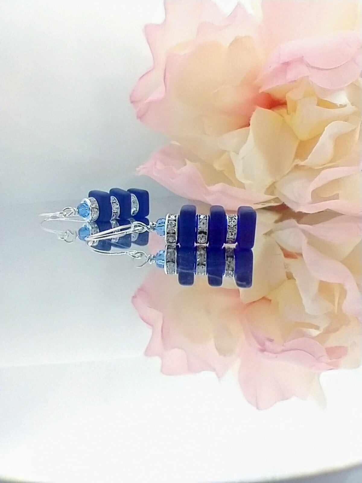Cobalt Blue Stacked Sea Glass .925 Sterling Silver Dangle Earrings, Crystal Rhinestone,  Beach Jewelry, Gift For Her, Minimalist Drops