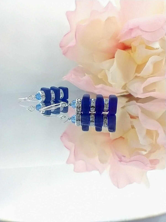 Cobalt Blue Stacked Sea Glass .925 Sterling Silver Dangle Earrings, Crystal Rhinestone,  Beach Jewelry, Gift For Her, Minimalist Drops
