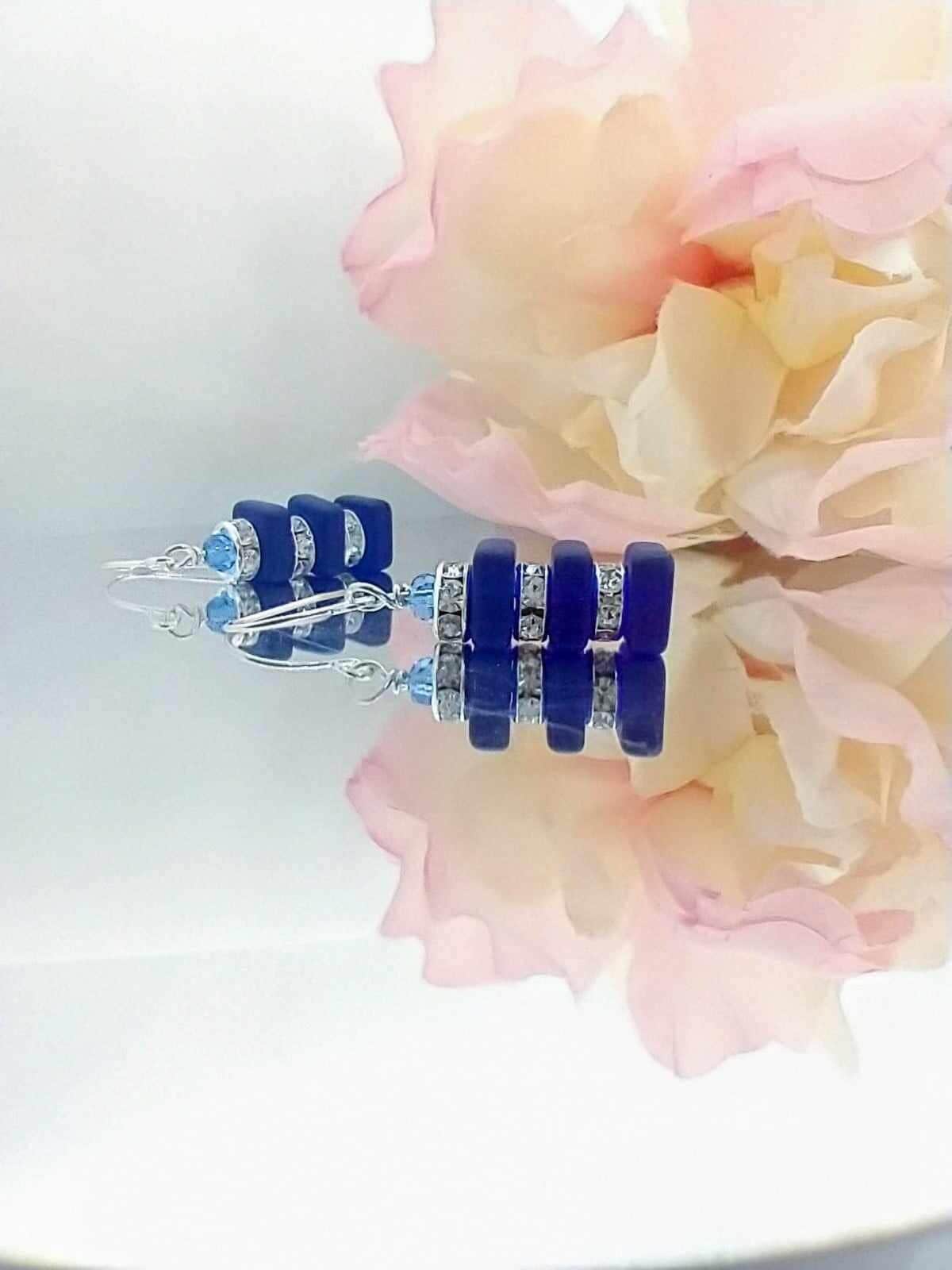 Cobalt Blue Sea Glass Dangle Earrings: Silver Crystal Jewelry
