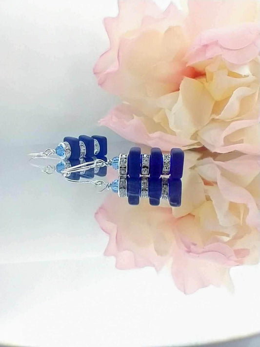 Cobalt Blue Sea Glass Dangle Earrings: Silver Crystal Jewelry