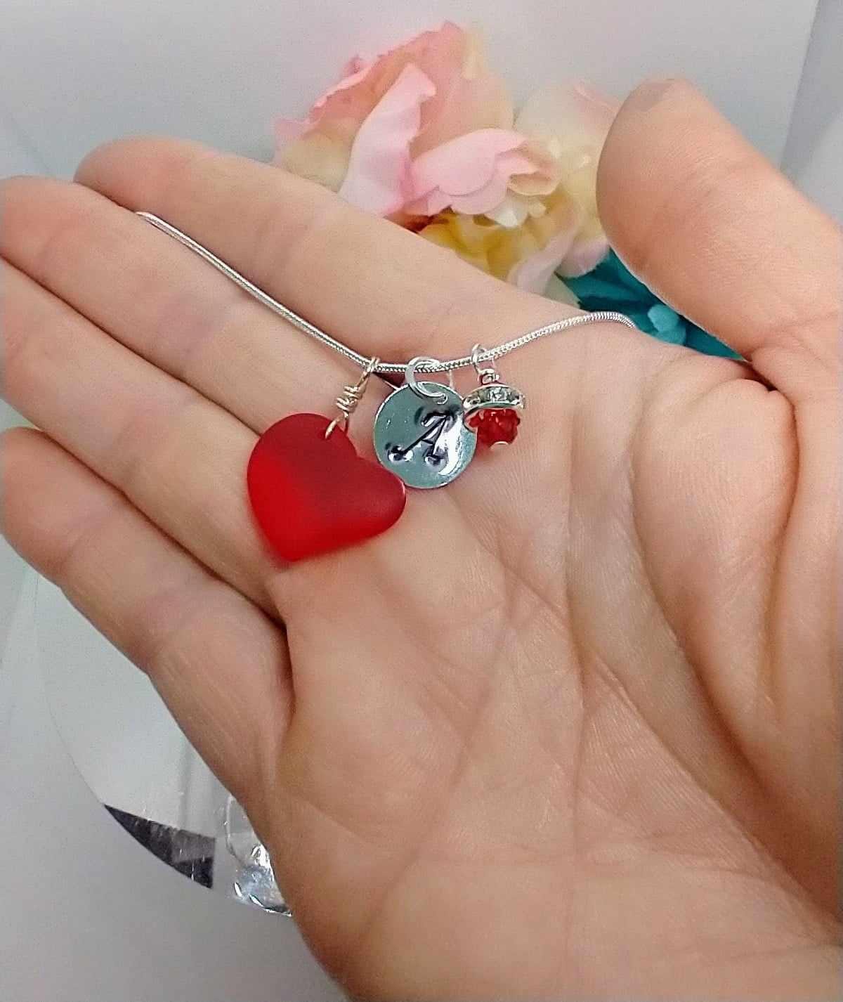 Personalized Sea Glass Heart Necklace: Silver Snake Chain, Initial Charm