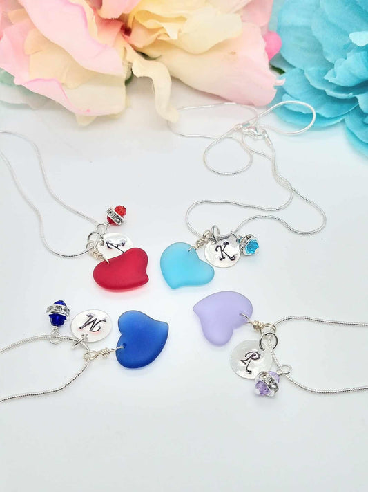 Personalized Sea Glass Heart Necklace: Silver Snake Chain, Initial Charm