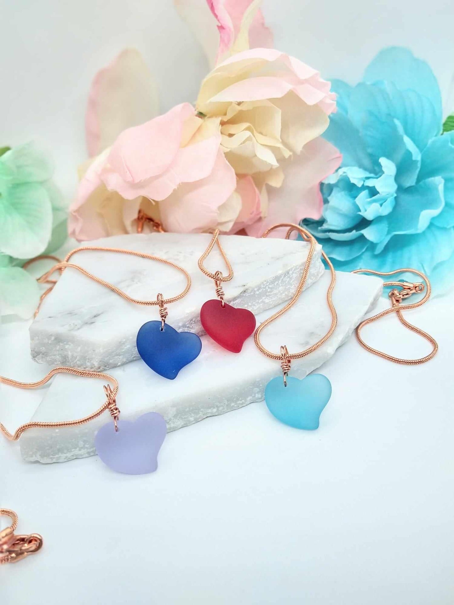 Colorful Heart Seaglass Necklace, Choose From Gold Copper Or Silver Finish
