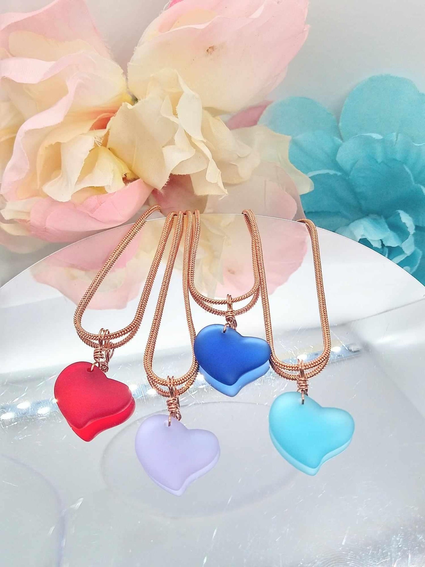 Colorful Heart Seaglass Necklace, Choose From Gold Copper Or Silver Finish