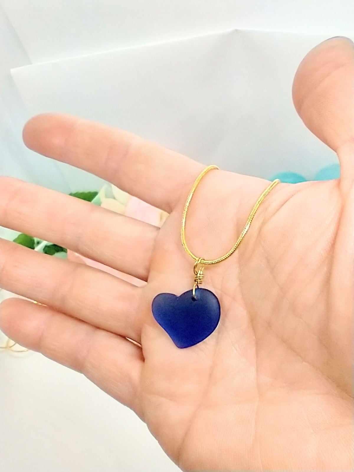 Gold Sea Glass Heart Pendant Necklace: Cultured Glass, 18" Snake Chain