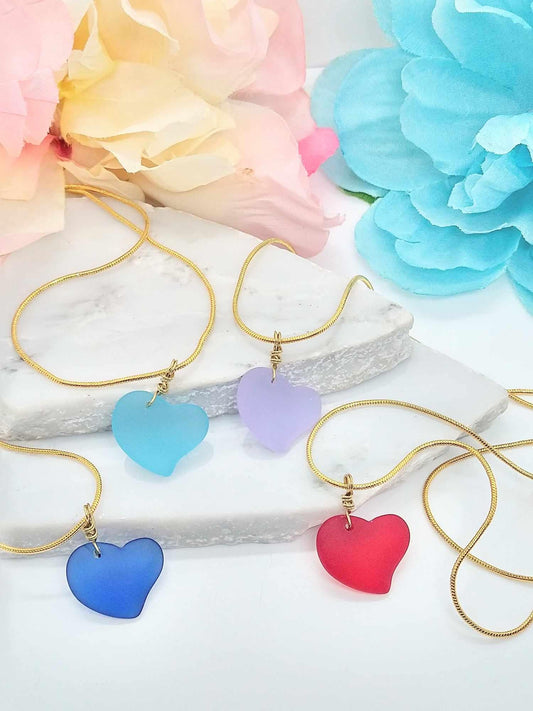 Gold Sea Glass Heart Pendant Necklace: Cultured Glass, 18" Snake Chain
