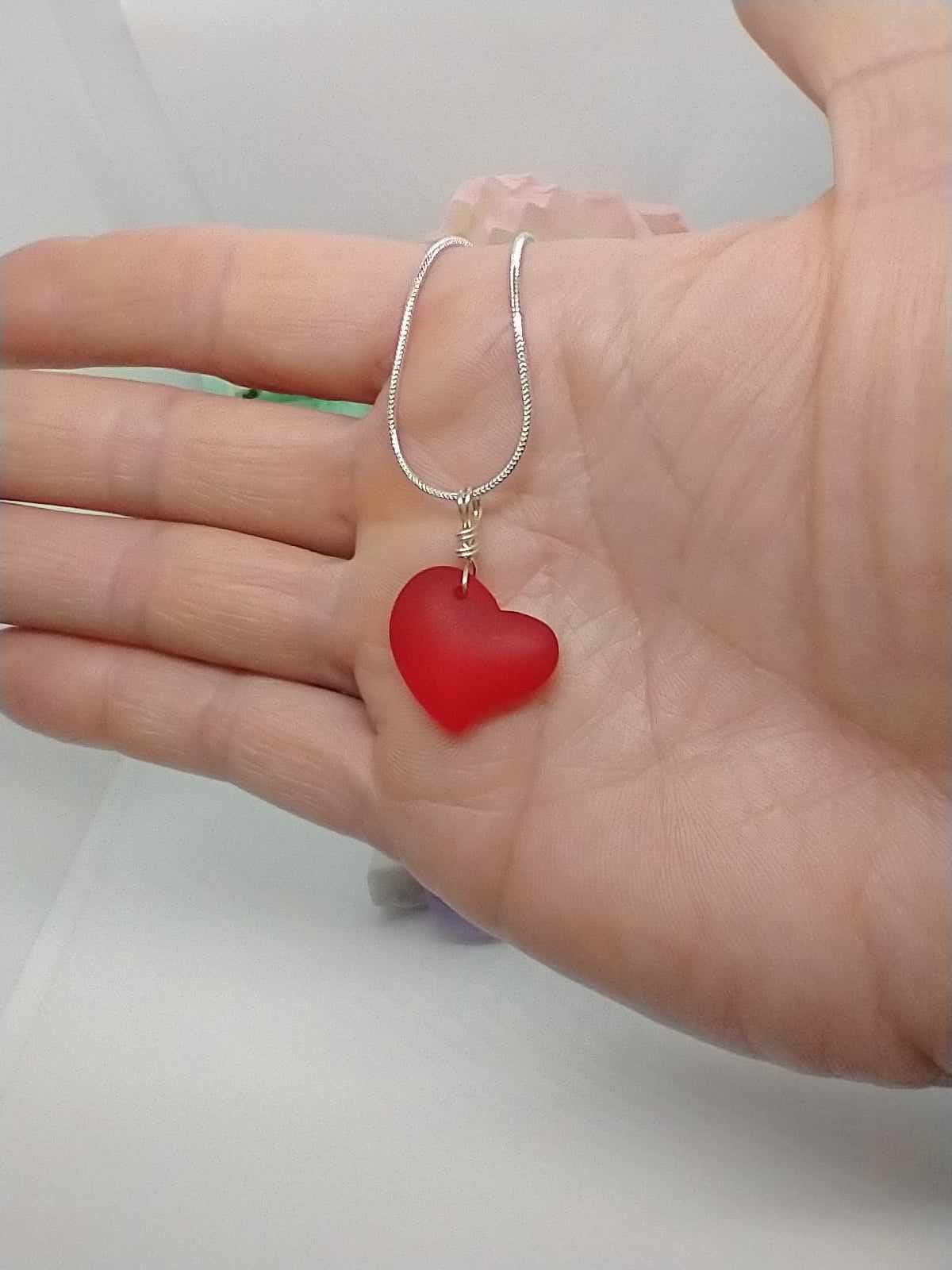 Silver Sea Glass Heart Necklace: Adjustable Snake Chain Pendant